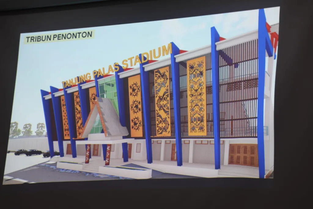 STADION MINI: Tampak depan desain Stadion Mini Tanjung Palas yang mulai dikerjakan Januari 2024 mendatang dengan anggaran mencapai Rp 15 Miliar.
