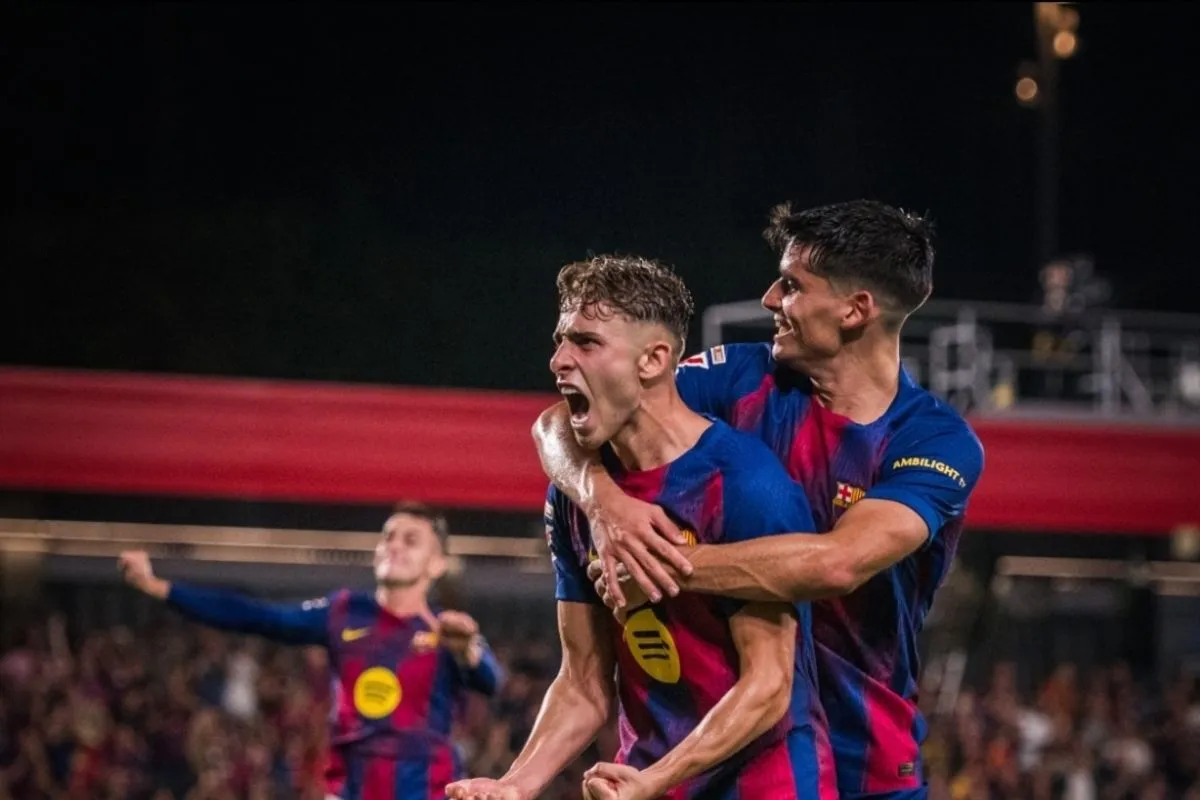 Selebrasi Fermin Lopez setelah mencetak gol untuk Barcelona dalam pertandingan Liga Spanyol melawan Valencia di Estadi Johan Cruyff pada Senin (15/9/2025). Fcbarcelona.com