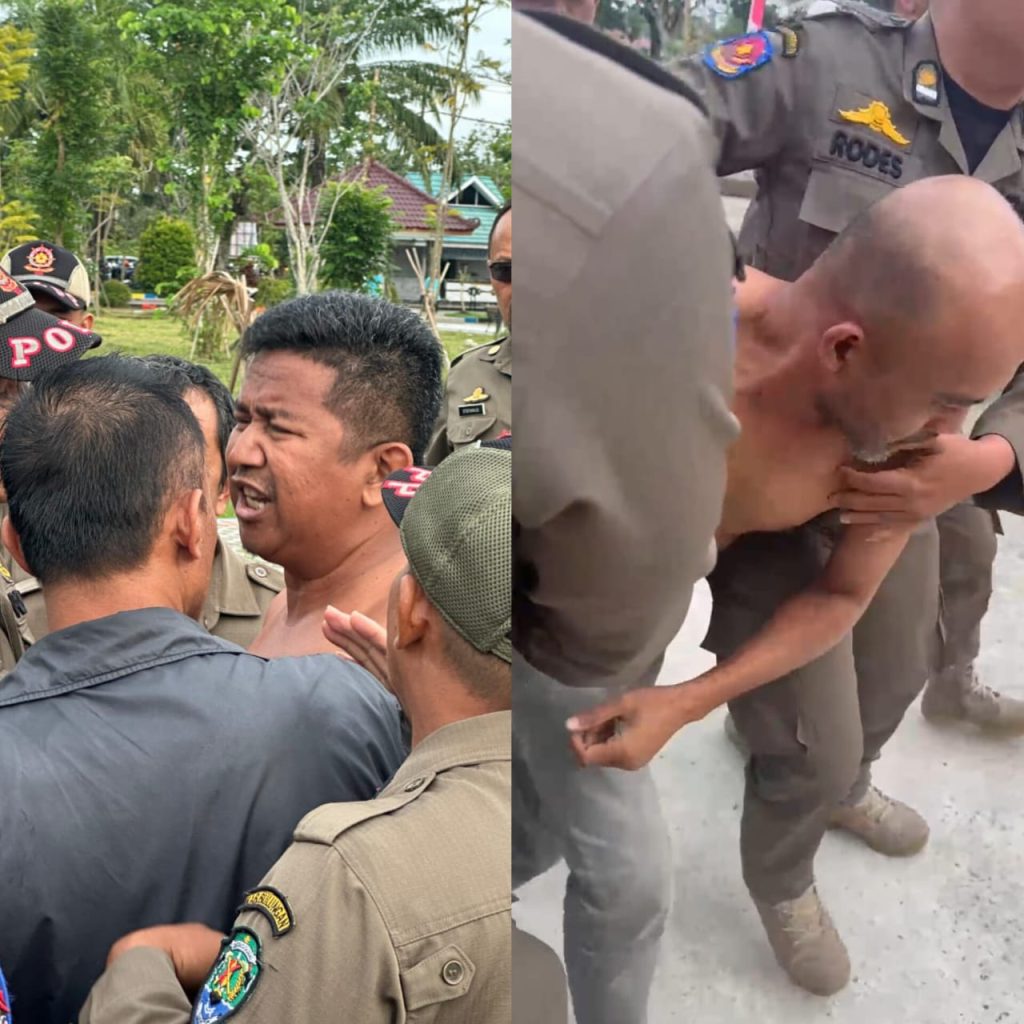DIAMANKAN : Orang tidak dikenal diamankan Satpol PP Bulungan saat berupaya menerobos jalanya apel.